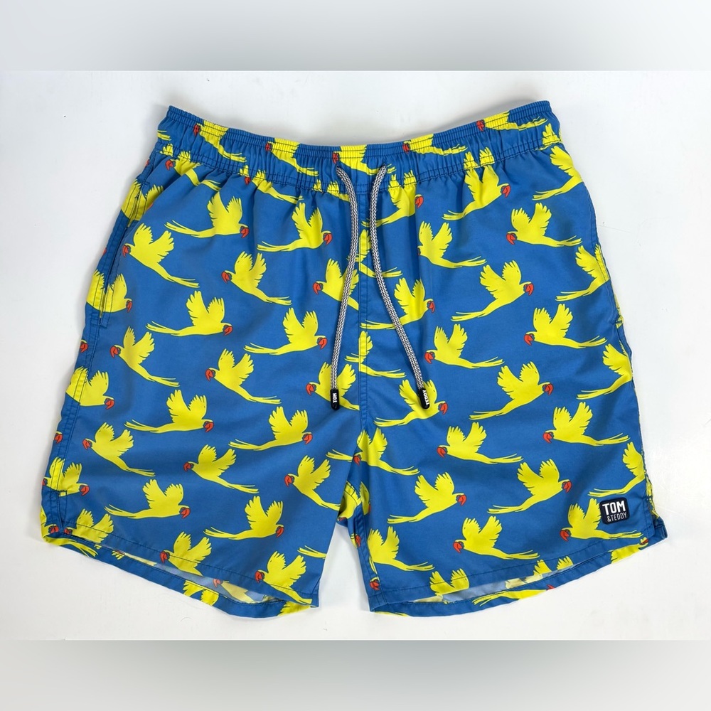 TOM & TEDDY Parrot Swim Trunks Board Shorts 7” Blue Yellow Size Large EUC - Picture 13 of 14